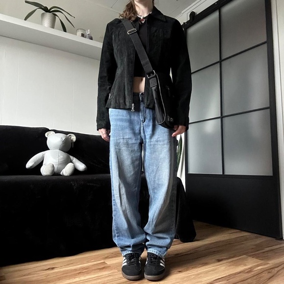 2000s Atmosphere Black Suede Leather Biker Jacket - Picture 4 of 8